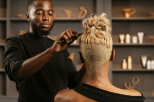 A hair stylist with a short blonde taper styling a client’s curled updo at a salon station.