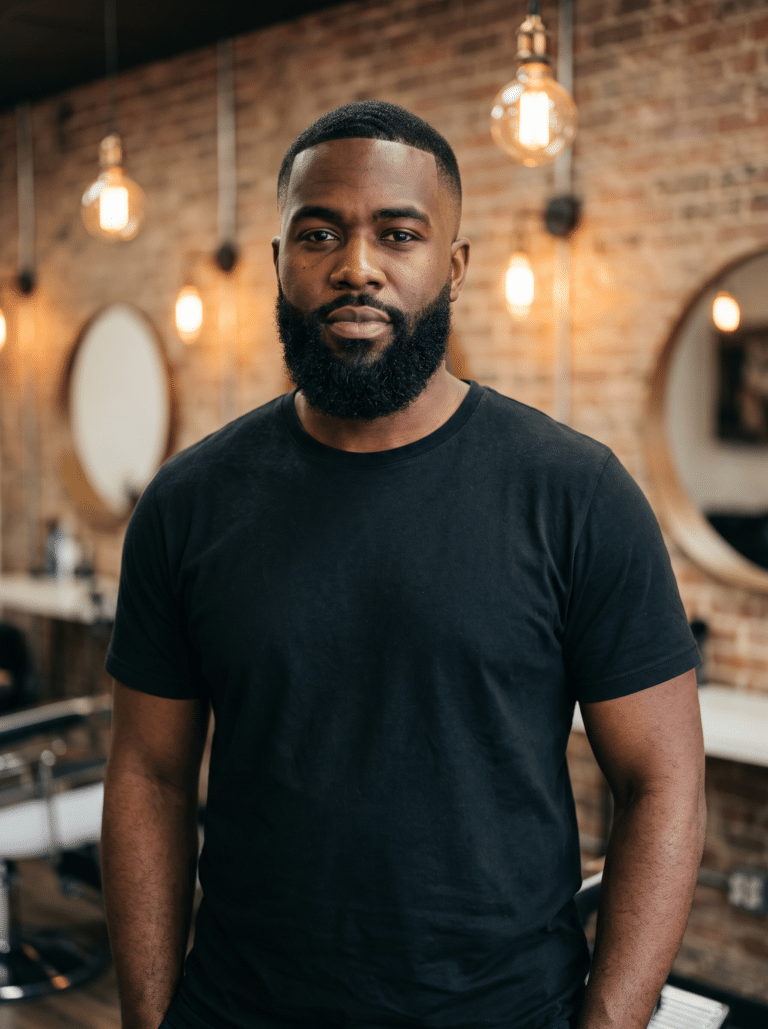 A barber with a sharp fade and full beard standing in a modern barbershop with warm bulb lighting.