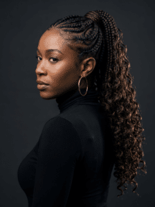 A woman in profile wearing fine cornrow braids flowing into a long curled ponytail, gold hoop earring and black turtleneck.
