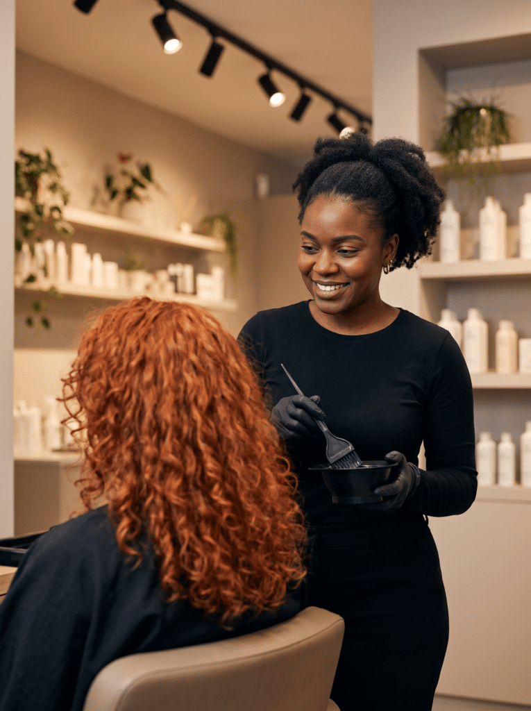 A colorist holding a tinting brush and bowl beside a client with vivid copper-red curls.