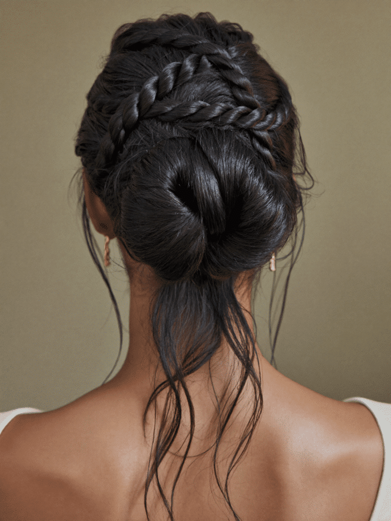 An elegant bridal updo with twisted rope detail finishing in a low chignon.