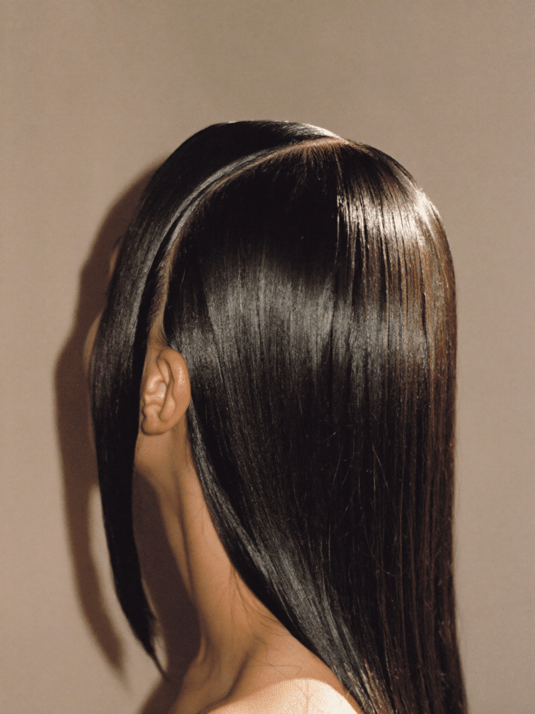 A glossy silk press with a sharp centre part, photographed in profile under warm studio light.